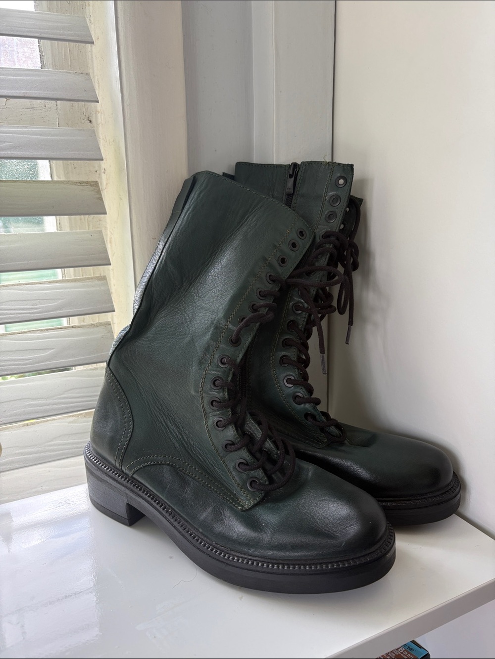 Dark Green Leather Combat Boots